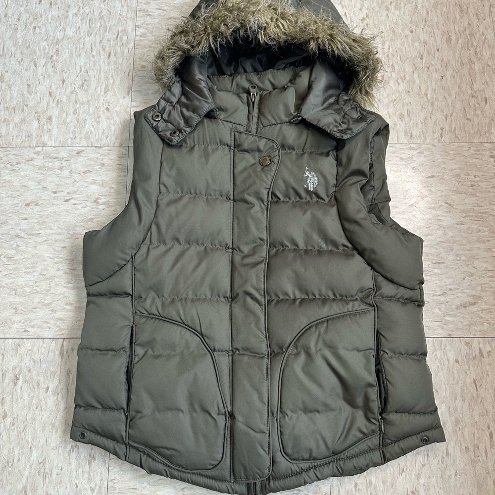 U.S. Polo Assn. Olive Vest with Faux Fur Trim